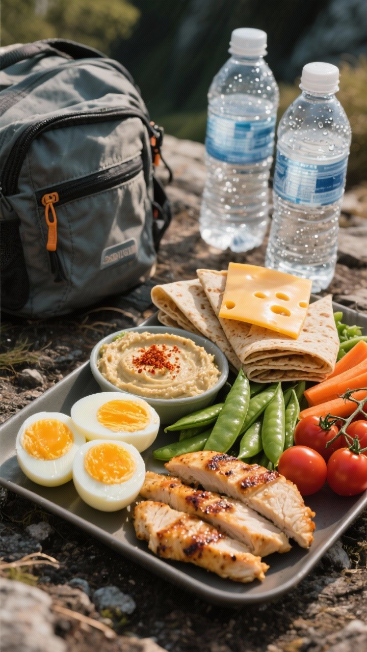 45-degree action-ready hiker’s protein and hydration pack: hard-boiled eggs (halved to show yolks), grilled chicken tenders, hummus with paprika sprinkle, snap peas and carrot sticks, cherry tomatoes, whole-grain wraps stacked, sharp cheddar slices fanned; chilled water bottles with condensation in background, rugged outdoor surface, clean high-protein presentation.
