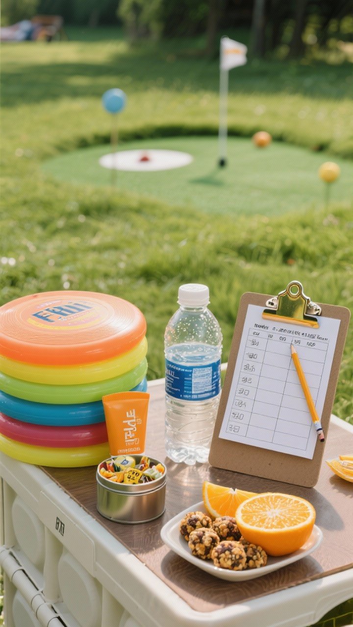 45-degree action-ready still of a Frisbee Golf mini-course snack station: 2–4 frisbees stacked beside water bottles and sunscreen, a clipboard with scorecards and pencil; mini prize tin near a small platter of energy bites and sliced oranges. Fresh citrus gleam, cool condensation on bottles, grassy picnic backdrop softly blurred.