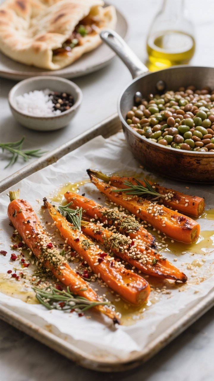 45-degree action-style prep scene: za’atar-dusted carrot batons just out of the oven on a parchment-lined sheet, glistening with olive oil, speckled with sesame, sumac, and thyme from the za’atar; a saucepan of tender French green/brown lentils in the background. Nearby, warm pita halves ready to be stuffed, a small bowl of kosher salt and black pepper, and a drizzle of olive oil. Focus on spice texture and roasted edges.