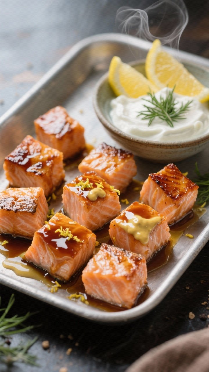 45-degree angle action-style tray shot of maple-mustard salmon bites: skin-on salmon cut into bite-sized cubes lacquered with a glaze of Dijon mustard, maple syrup, soy sauce, lemon zest, olive oil, salt, and pepper; edges slightly caramelized; served with a side bowl of dill yogurt dip (thick Greek yogurt with dill) and lemon wedges; steam hint, glossy glaze highlights.