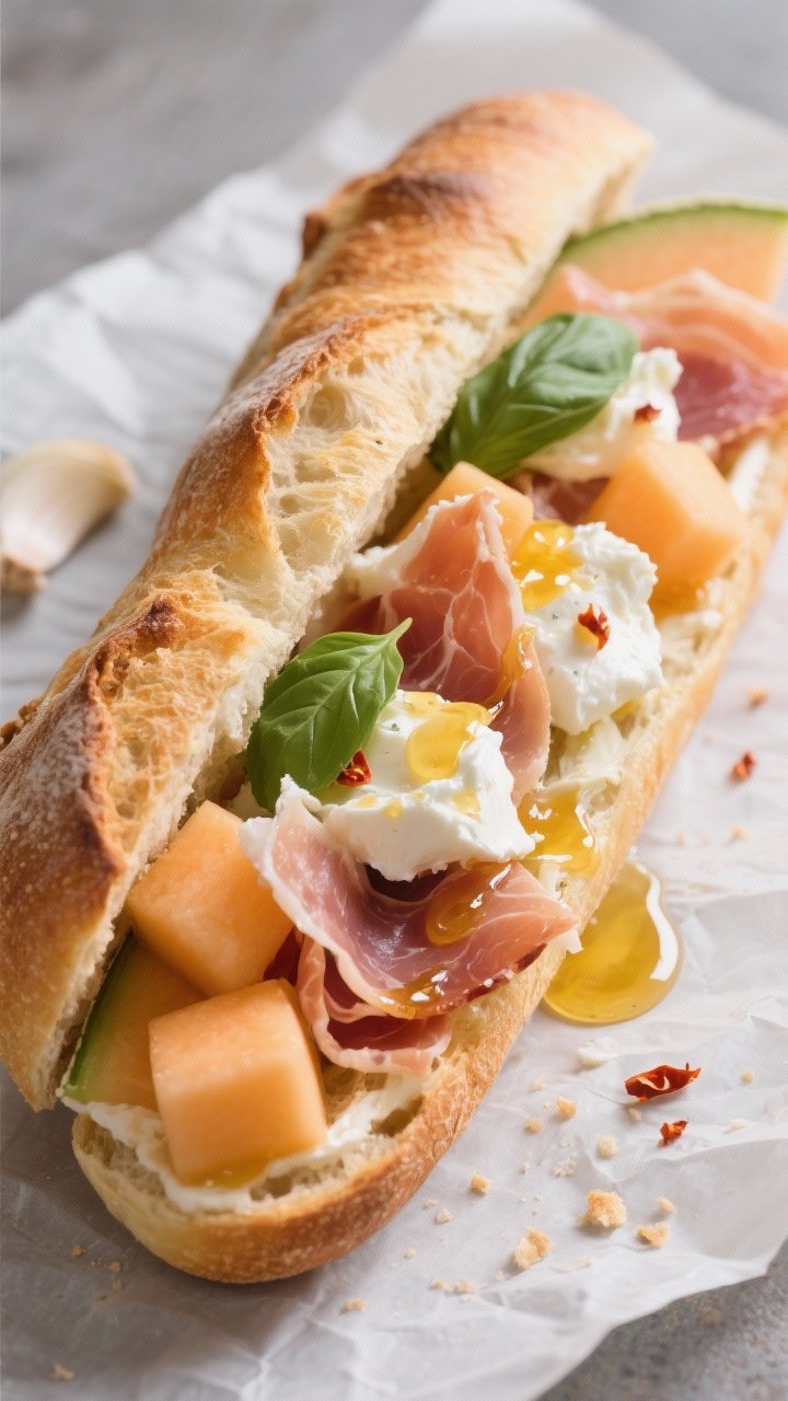45-degree angle baguette build of Prosciutto, Melon, and Burrata with Chili Honey: crusty baguette split and brushed with olive oil, lightly rubbed with cut garlic; layered with silky prosciutto, small cubes of cantaloupe, torn burrata, and a visible drizzle of golden chili honey; a few basil leaves optional for color, crumbs and honey drips on parchment for appetite appeal.