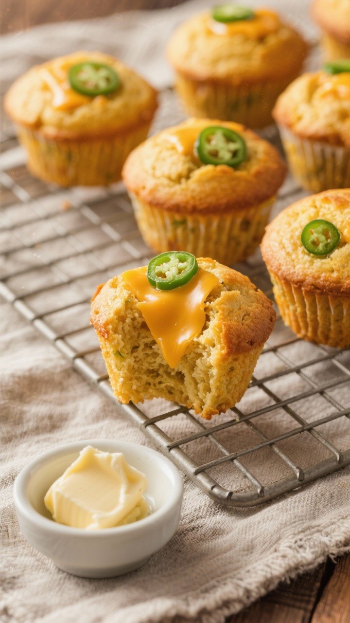45-degree angle bakery-style presentation of cheddar-jalapeño cornbread muffins: golden domes with melted sharp cheddar pockets and visible green jalapeño rings; a cracked muffin showing tender crumb; cooling on a wire rack with a small dish of softened butter; warm, cozy light, rustic linen.