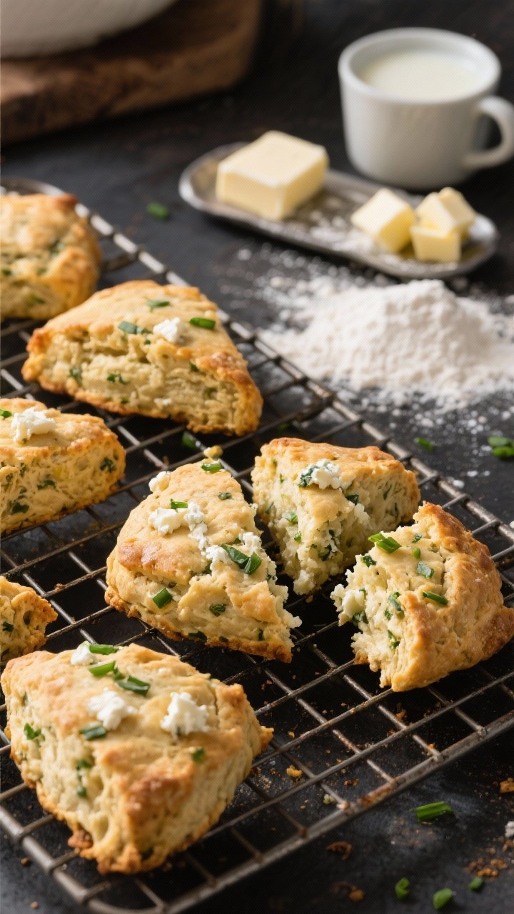 45-degree angle bakery-style scene of Chive and Goat Cheese Savory Scones cooling on a rack: craggy, golden scones with visible crumbles of goat cheese and flecks of fresh chives; a small pile of cold butter cubes, a dusting of flour, and a cup of buttermilk in the background; one scone split to show tender interior.