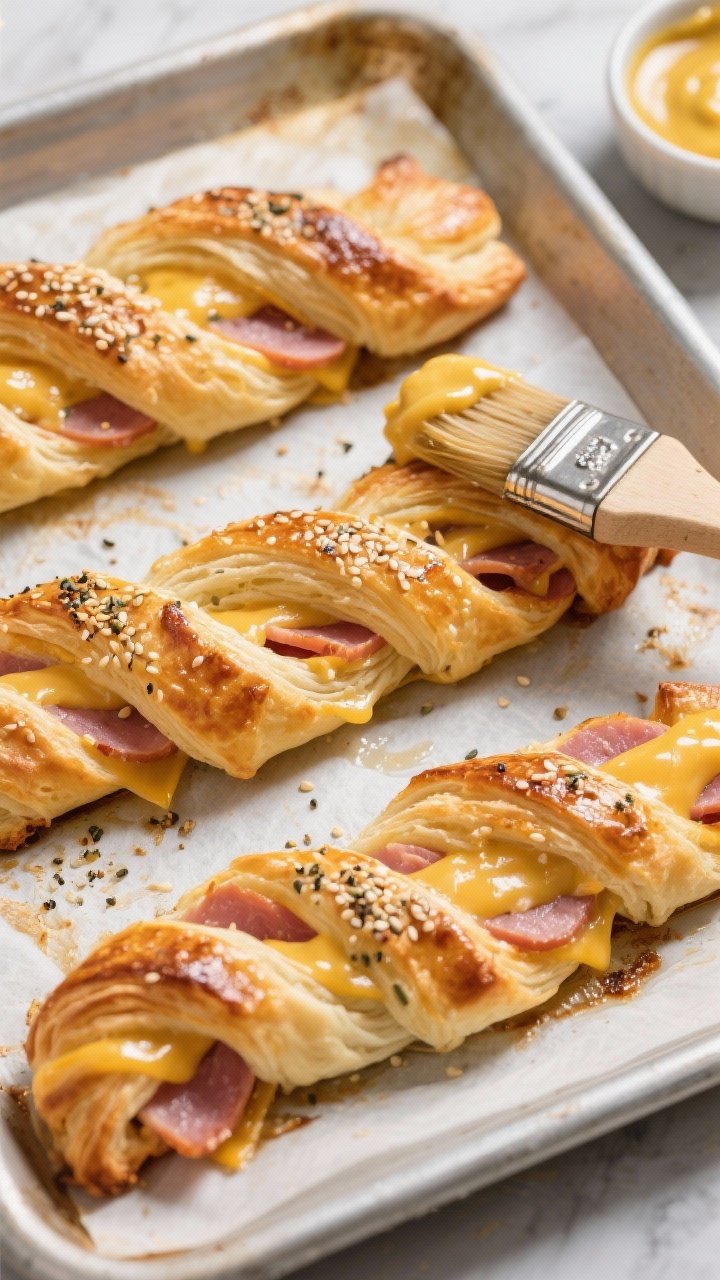 45-degree angle baking-sheet scene of ham-and-cheddar puff pastry twists just out of the oven: golden, blistered pastry brushed with egg wash, spiraled with thinly sliced ham and melted sharp cheddar, topped with sesame seeds/everything bagel seasoning; a pastry brush and small bowl of Dijon/honey mustard in frame, flaky crumb details.