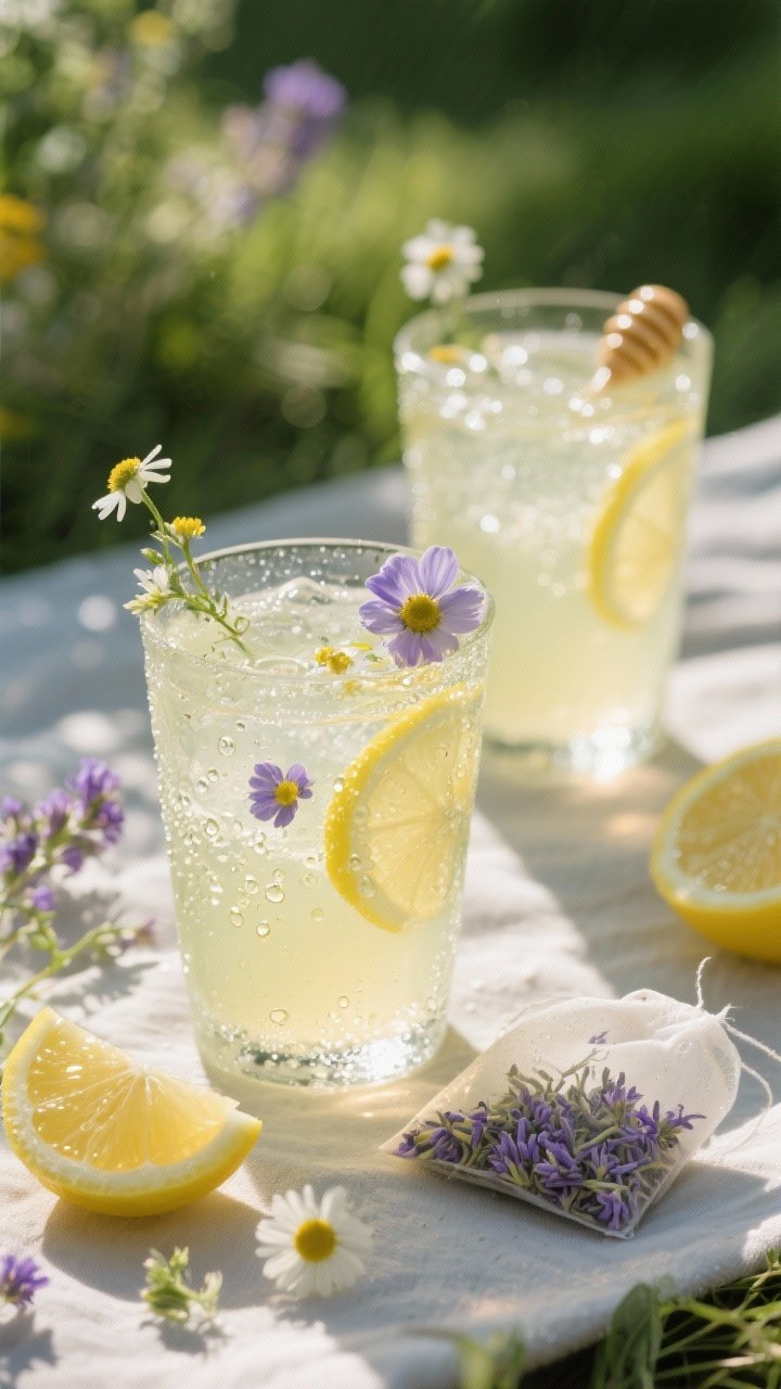 45-degree angle beverage styling of wildflower lemonade spritzers: frosty glasses filled with pale lemon juice sweetened with honey, topped with sparkling water; optional infusion shown with a small sachet of dried lavender/chamomile nearby, lemon wheels and edible flowers floating, condensation beads on glass, sunlight flare for airy picnic ambiance.