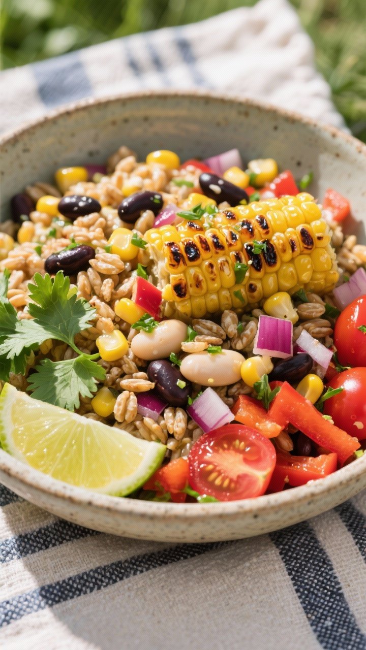 45-degree angle bowl of charred corn, bean, and farro salad: chewy farro grains tossed with smoky charred corn kernels cut from the cob, rinsed cannellini (or black) beans, diced red bell pepper, finely chopped red onion, and halved cherry tomatoes; glistening with lime-herb dressing; cilantro and lime wedges on the side; bright, summery colors in a stoneware bowl on a picnic cloth.
