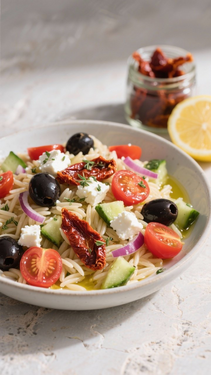 45-degree angle bowl of garlicky Greek orzo salad: tender orzo folded with halved cherry tomatoes, sliced sun-dried tomatoes (with a sheen from reserved oil), halved Kalamata olives, diced cucumber, finely chopped red onion, and crumbles of feta; drizzle of olive oil and flecks of oregano visible; set on a light stone surface with a small jar of sun-dried tomatoes and a lemon wedge; Greek color palette of reds, blacks, greens, and white feta, no people.