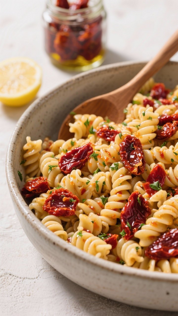 45-degree angle bowl shot of big-batch picnic pasta salad: rotini tossed with chopped sun-dried tomatoes, red wine vinegar, lemon juice, and sun-dried tomato oil vinaigrette; flecks of herbs cling to the pasta, with glistening tangy dressing; served in a large ceramic bowl with a wooden spoon, a jar of sun-dried tomatoes in oil in the background.