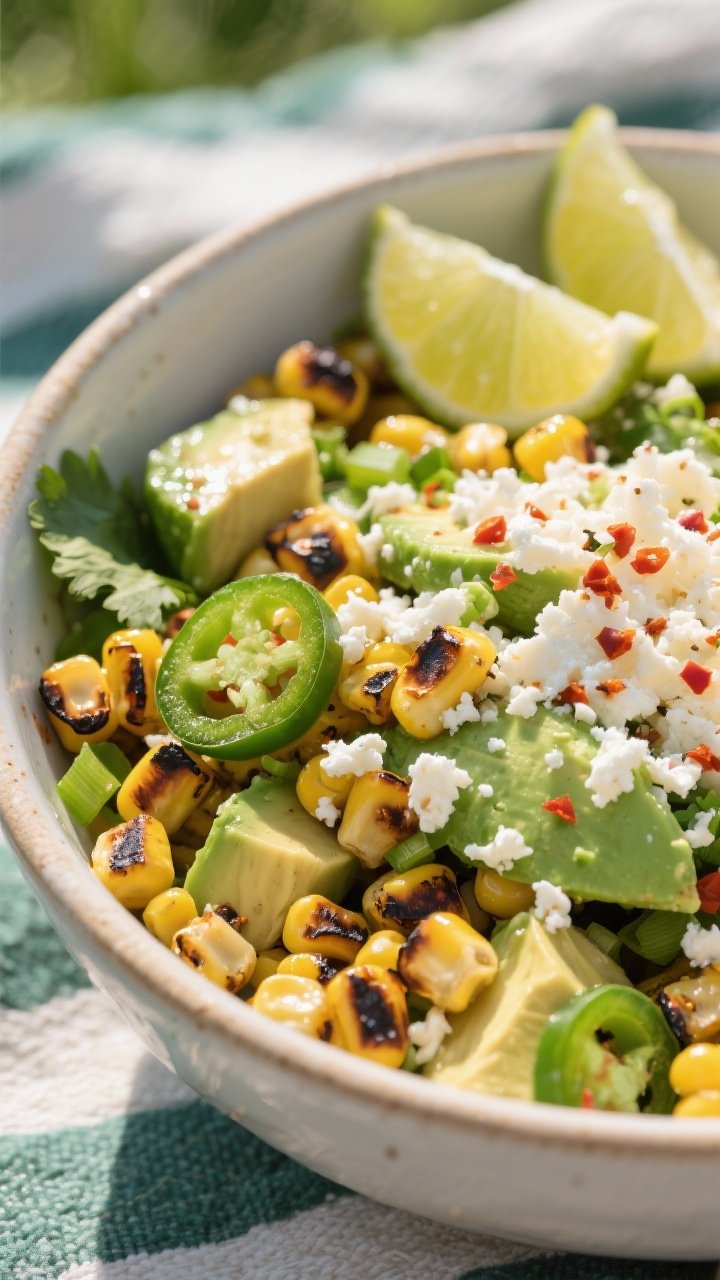 45-degree angle bowl shot of charred corn, avocado, and cotija salad: kernels freshly charred in neutral oil, tossed with minced jalapeño, sliced green onions, chopped cilantro, and chunks of ripe avocado; crumbled cotija on top with a chili-lime sprinkle and lime wedges at the rim; speckles of chili, glossy lime dressing, sunlit outdoor picnic vibe.