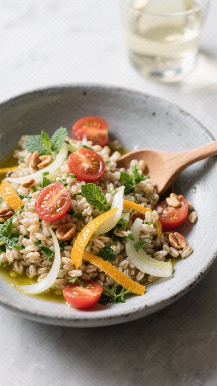 45-degree angle bowl shot of chilled herb farro salad with citrus vinaigrette: pearled farro folded with halved cherry tomatoes, shaved fennel, chopped parsley and mint, toasted pine nuts, and orange zest ribbons; glistening with a light extra-virgin olive oil citrus dressing; served in a cool gray stoneware bowl with a wooden spoon; crisp, refreshing white wine pairing vibe.