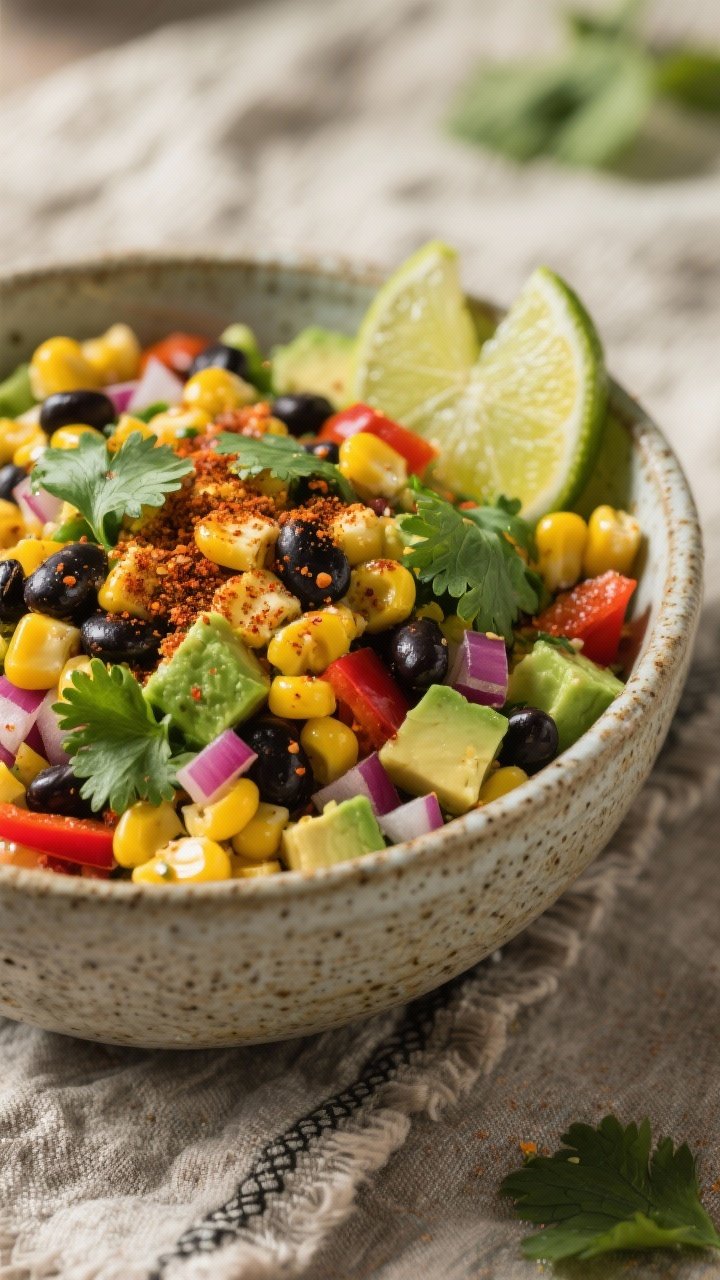 45-degree angle bowl shot of smoky corn, avocado, and black bean salad: bright yellow corn kernels, inky black beans, diced ripe avocado, red bell pepper, and finely diced red onion tossed with chili-lime vinaigrette, fresh cilantro leaves sprinkled over, lime wedges on the rim, a dusting of chili powder for warmth, served in a textured stoneware bowl on a rustic linen.