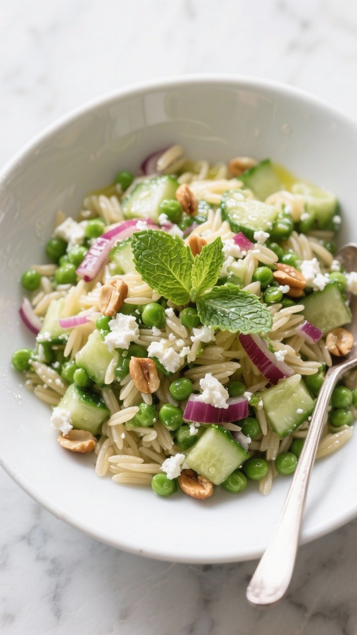 45-degree angle bowl shot of Spring Pea, Mint, and Feta Orzo Salad in a wide white ceramic serving bowl; glossy orzo folded with peas, diced English cucumber, finely chopped red onion, crumbled feta, and toasted pine nuts; fresh mint leaves sprinkled on top; droplets of olive oil and condensation hinting it stays fresh; set on a cool marble surface with a serving spoon.