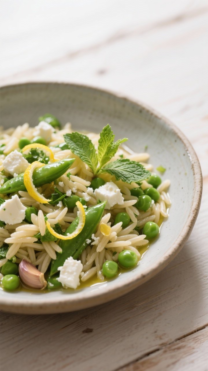 45-degree angle bowl shot of Spring Pea, Mint, and Feta Orzo Salad: tender orzo tossed with fresh peas, crumbled feta, chopped mint, lemon zest and juice, a whisper of honey, and finely minced garlic, all slicked with extra-virgin olive oil; garnished with extra mint and lemon zest curls, served in a wide ceramic bowl on a pale wood table, bright and fresh styling.