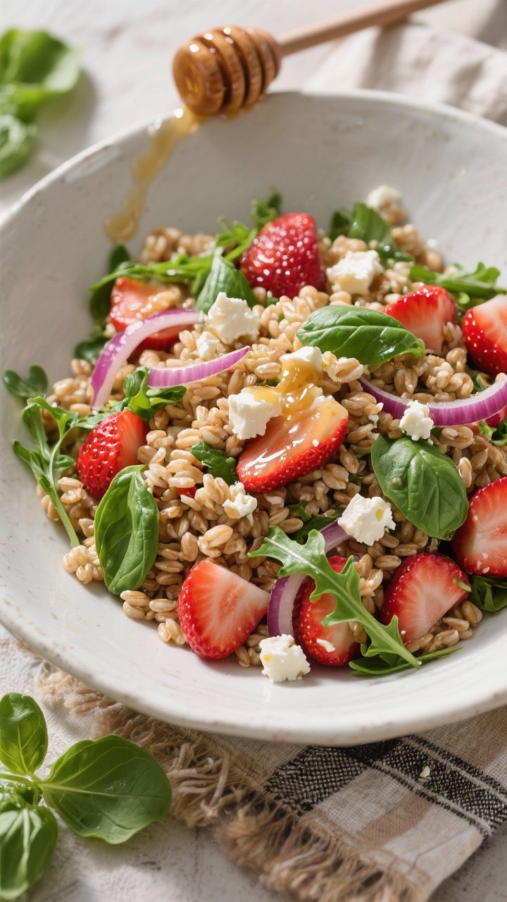 45-degree angle bowl shot of strawberry-basil farro salad: tender farro tossed with sliced strawberries, thin red onion, torn basil, and baby arugula, glistening with a light sheen of dressing; honeyed feta crumbles scattered on top; served in a wide white ceramic bowl on a rustic picnic cloth, with a honey dipper and extra basil leaves nearby; fresh, summery colors of ruby, emerald, and cream.