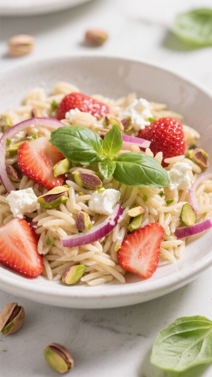 45-degree angle bowl shot of strawberry basil orzo salad: glossy orzo tossed with hulled, sliced strawberries, very thin red onion slivers, crumbled feta, chopped toasted pistachios, and torn basil leaves; colors pop against a matte white ceramic bowl with a few pistachios and basil leaves scattered on the table; soft spring light, slight olive oil sheen.