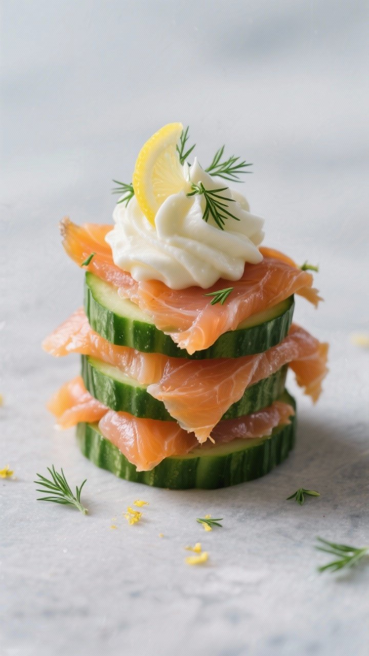 45-degree angle canapé stack of Smoked Salmon Cucumber Stacks: thick English cucumber rounds topped with a piped lemon-dill crème (cream cheese, sour cream, lemon juice, lemon zest, fresh dill), folded smoked salmon ribbons draped on top; tiny dill fronds as garnish; cool-toned surface, crisp, clean lines emphasizing freshness and silky salmon texture.