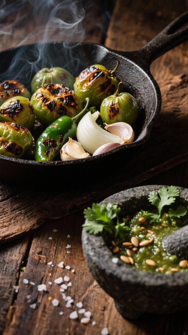 45-degree angle capture of Fire-Roasted Salsa Verde: charred tomatillos, jalapeño, halved white onion, and garlic cloves coming off a cast-iron skillet, their blistered skins glistening; finished salsa in a molcajete nearby with fresh cilantro folded in; seeds visible for texture; sprinkled flaky salt; rustic wooden table, smoky ambiance, dramatic side light highlighting the roast marks.