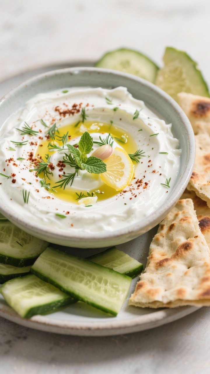 45-degree angle, chilled bowl of cousa yogurt dip: thick full-fat Greek yogurt folded with finely grated and squeezed-dry cousa squash (or zucchini), a whisper of grated garlic, lemon juice, chopped dill and mint; olive oil pooled on top and a dusting of sumac; served with cool cucumber spears and toasted flatbread wedges; crisp, refreshing palette.