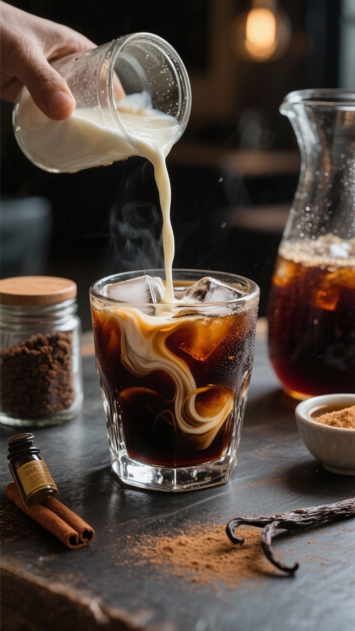 45-degree angle close-up of a no-melt cold brew in a clear rocks glass filled with dark coffee ice cubes, silky vanilla cream gently swirling in ribbons as it’s poured; props include a jar of coarse ground coffee, a cold brew carafe, a tiny bowl of brown sugar/syrup, vanilla extract vial, and a dusting of cinnamon nearby; moody café lighting with highlights on condensation and marbling.