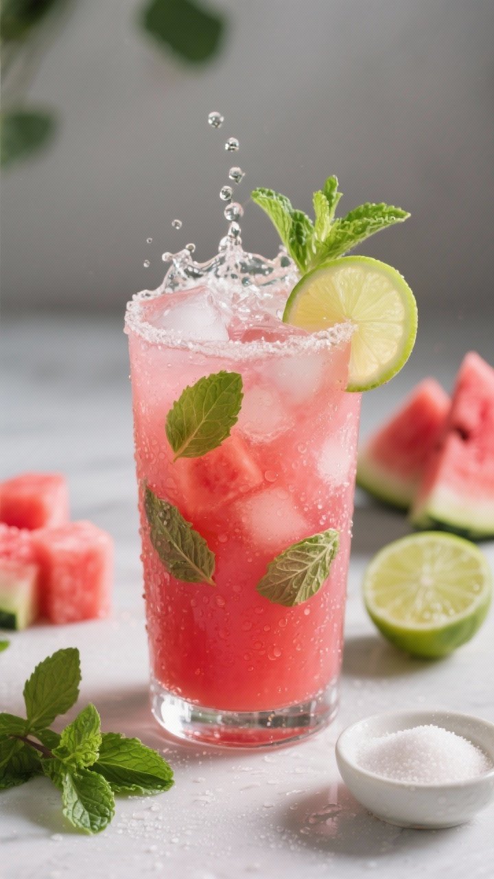 45-degree angle close-up of a watermelon mint cooler poured into a tall chilled glass with ice, topped with a fizzy crown from sparkling water; vibrant pink-red liquid with suspended mint leaves, lime wedge on rim; background props: chilled watermelon cubes, fresh mint sprigs, limes (one cut for juice), a small dish of sugar/agave; crisp summer mood, minimal styling, droplets on glass to emphasize cold.