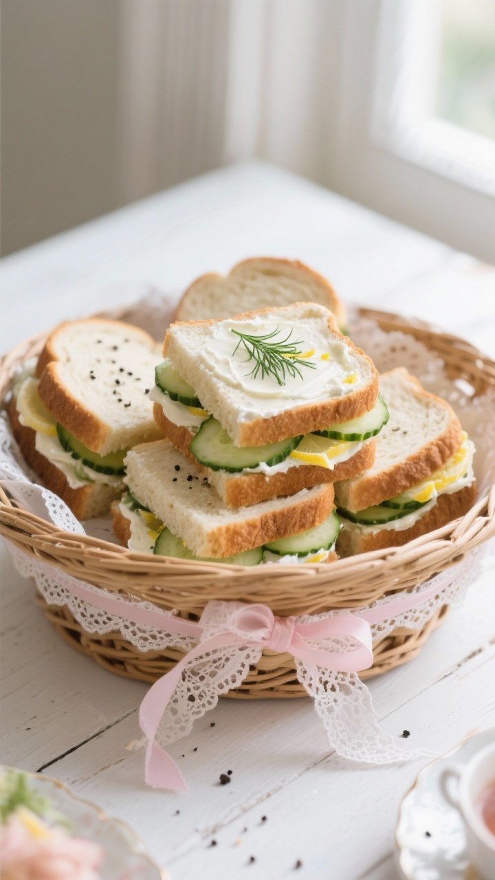 45-degree angle close-up of a wicker basket centerpiece lined with lace and pastel ribbon, stacked with delicate ribbon-and-lace tea sandwiches: thin-sliced pullman bread spread with cream cheese–mayonnaise, layered with paper-thin English cucumber, fresh dill, and a hint of lemon zest; edges trimmed, cut into neat rectangles and rounds; sprinkled with black pepper and sea salt; soft window light on a whitewashed table.