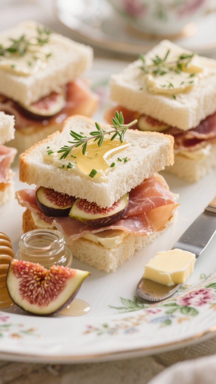 45-degree angle close-up of honeyed fig and prosciutto tea sandwiches: petite crust-trimmed rectangles layered with herb butter (flecks of parsley, chives) on soft white bread, thin ribbons of silky prosciutto, and fanned fresh figs glazed with a light honey sheen; a few thyme leaves on top, edges clean and delicate; arranged on a floral china plate with a small honey jar and butter knife beside; soft afternoon light for an elegant tea-time feel.