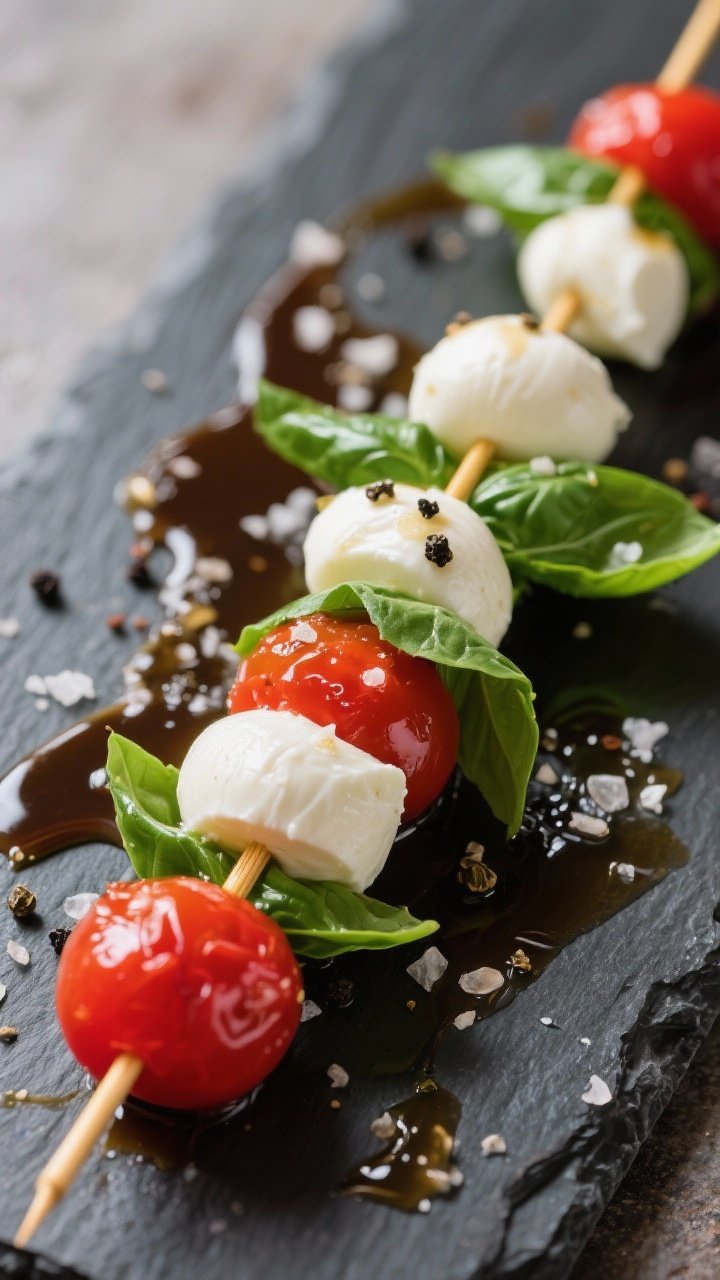 45-degree angle close-up of riverbank caprese skewers: cherry tomatoes, ciliegine mozzarella balls, and whole fresh basil leaves threaded on short bamboo picks, glistening with extra-virgin olive oil, sprinkled with flaky sea salt and black pepper; a glossy balsamic-honey drizzle pooling lightly on a slate platter; vibrant red, white, and green colors, clean natural light.