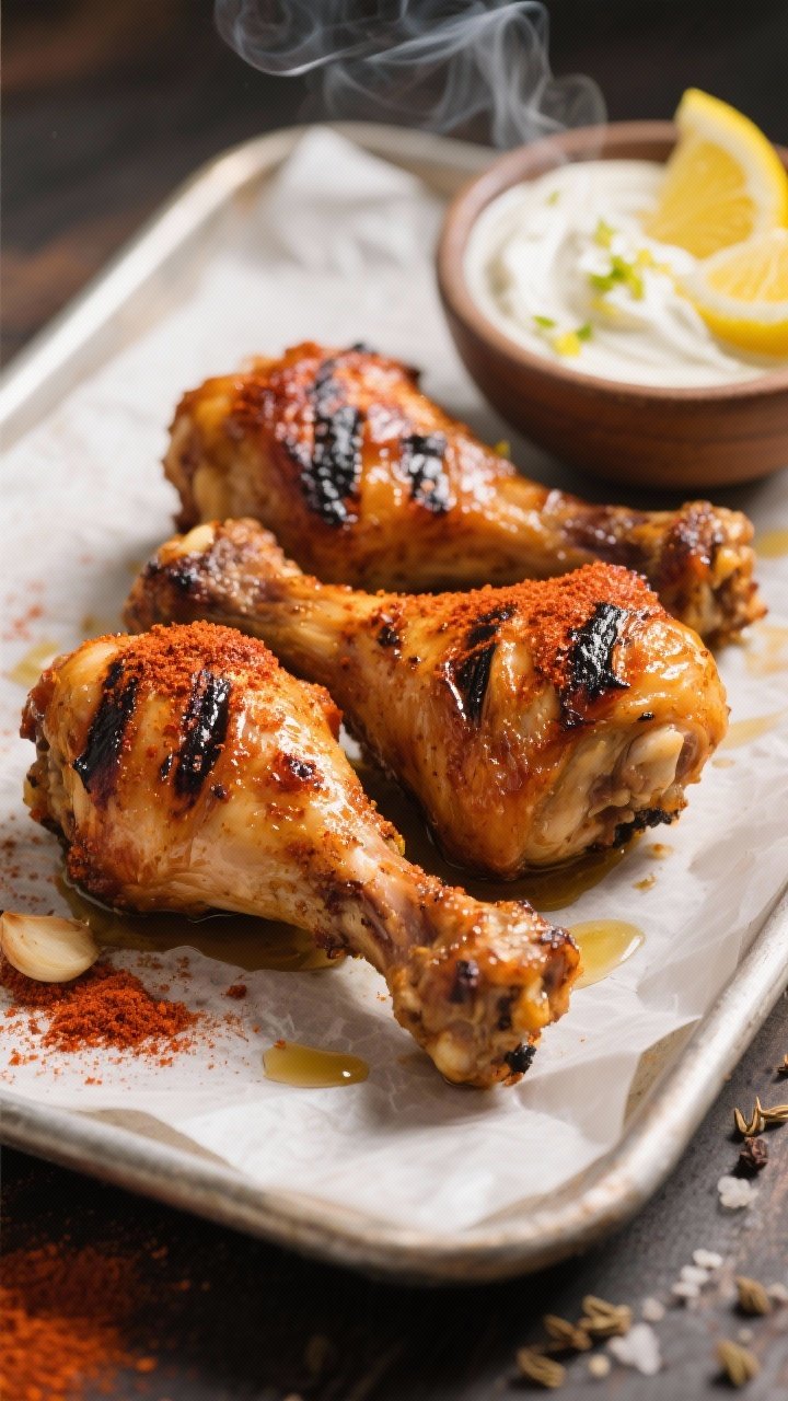 45-degree angle close-up of smoky paprika chicken drumsticks fresh off the grill: drumsticks lacquered with a rub of smoked paprika, sweet paprika, garlic and onion powder, cumin, kosher salt, black pepper, olive oil; charred grill marks, served on a parchment-lined tray with a bowl of tangy lemon yogurt dip (lemon zest visible) and lemon wedges; wisps of steam, warm tones, appetizing gloss.
