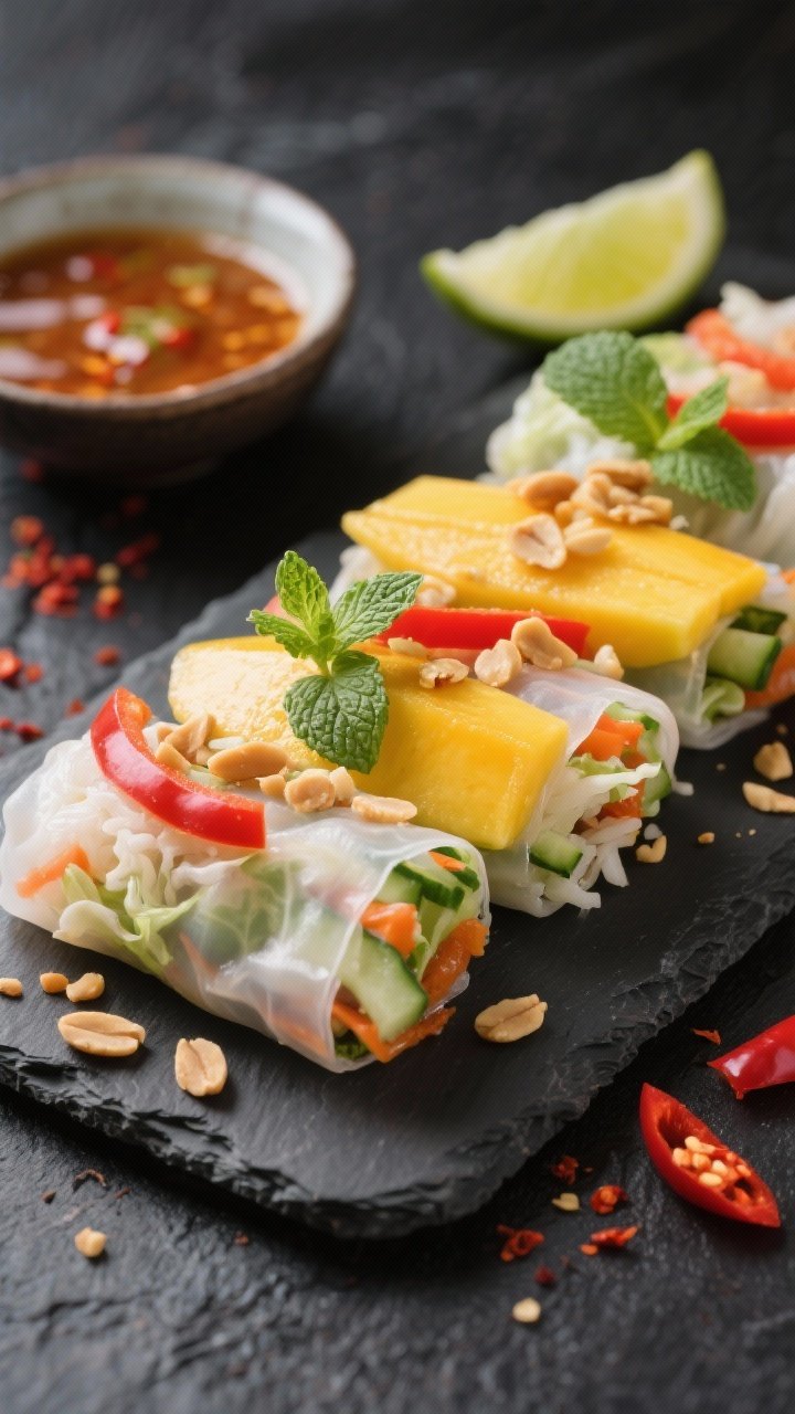 45-degree angle close-up of spicy mango coconut rice paper rolls on a slate board: translucent rice paper showing vivid strips of ripe mango, pre-shredded cabbage/coleslaw mix, thin red bell pepper, julienned cucumber, and fresh mint; rolls sliced to reveal layers, sprinkled with chopped peanuts, with a glossy peanut-lime dipping sauce in a bowl, lime wedges and red chili flakes accenting the scene.