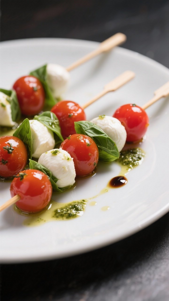 45-degree angle close-up of Waterfall-Safe Caprese Skewers: short wooden skewers threaded with grape tomatoes, mini mozzarella balls, and fresh basil leaves, arranged on a matte white platter; glossy basil pesto drizzle and a few droplets of balsamic reduction across the plate, shallow depth of field to highlight sheen on mozzarella and juicy tomato skins.