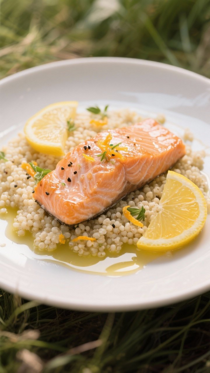 45-degree angle composed plate of olive oil–poached salmon with citrus couscous: tender, rosy salmon fillet flakes glistening from olive oil poach, flecked with lemon and orange zest, sea salt, and black pepper; served over fluffy pearl couscous studded with citrus zest and herbs; thin citrus slices and a drizzle of poaching oil on the plate; soft, luminous light and pastel meadow tones.