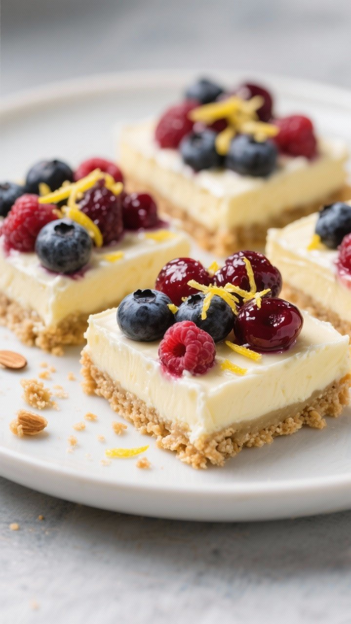 45-degree angle dessert scene of no-bake lemon berry bars: neat squares with an almond cookie-crumb crust, creamy lemony filling made from cream cheese and Greek yogurt, topped with glossy mixed berries; lemon zest sprinkled over, a few crumbs on the plate; cool, soft lighting for a chilled, travel-stable look.