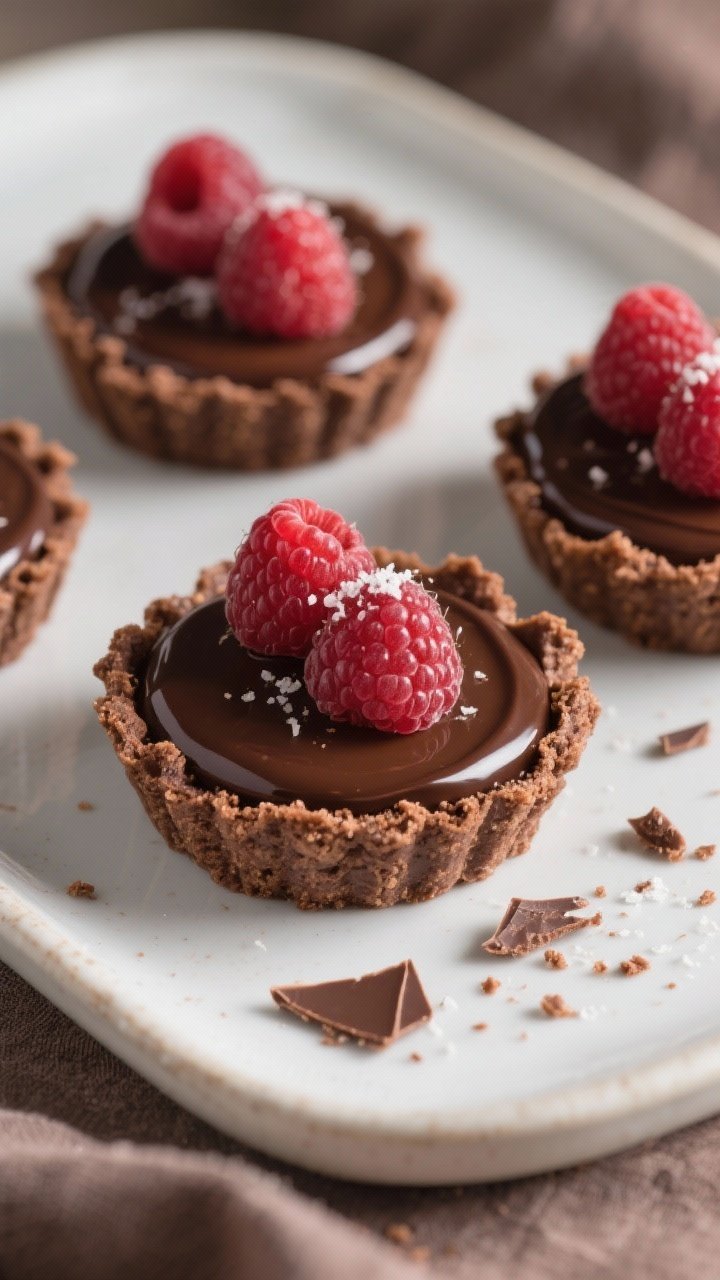 45-degree angle dessert tableau of No-Bake Chocolate Ganache Tartlets: mini tartlet shells made from chocolate wafer crumbs and melted butter, filled with glossy dark chocolate ganache infused with vanilla; topped with fresh raspberries and a pinch of flaky sea salt; a few crumbs and chocolate shards on the plate; soft, decadent lighting emphasizing silky ganache and berry pop.