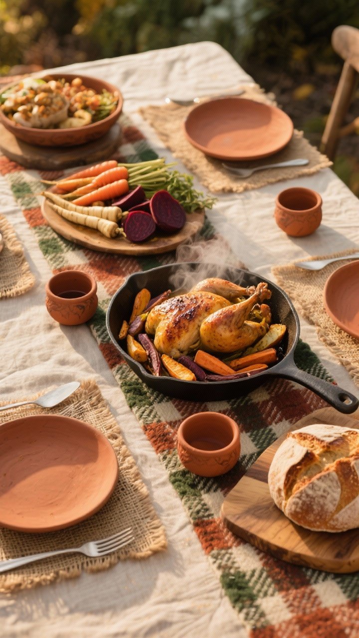 45-degree angle farmhouse feast on an oatmeal cotton-linen tablecloth with a rust/cream/forest-green plaid wool runner, burlap or herringbone placemats, and terracotta accents; centerpiece dishes: roast chicken with crispy skin, skillet-roasted root vegetables (carrot, parsnip, beet), and a crusty loaf; steam rising, warm golden hour light; rustic ceramics and wooden serving boards to enhance the cozy harvest vibe.