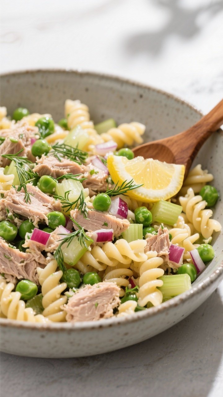 45-degree angle, generous serving bowl of lemon-dill tuna pasta salad: rotini studded with flaky tuna, bright green peas, diced celery, finely chopped red onion, and plenty of fresh dill; light, zesty sheen suggesting lemon; served in a matte stoneware bowl with a wooden spoon; cool daylight for a fresh, main-dish feel.