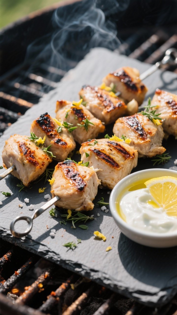 45-degree angle grill-scene close-up of herby lemon chicken skewers: juicy, char-grilled pieces of boneless chicken thighs threaded on metal skewers, flecked with lemon zest, minced garlic, dried oregano, paprika, and kosher salt. A small bowl of creamy yogurt-tahini dip with a drizzle of olive oil and lemon wedge alongside; grill marks prominent, smoke wisps, set on a slate board, crisp outdoor light.