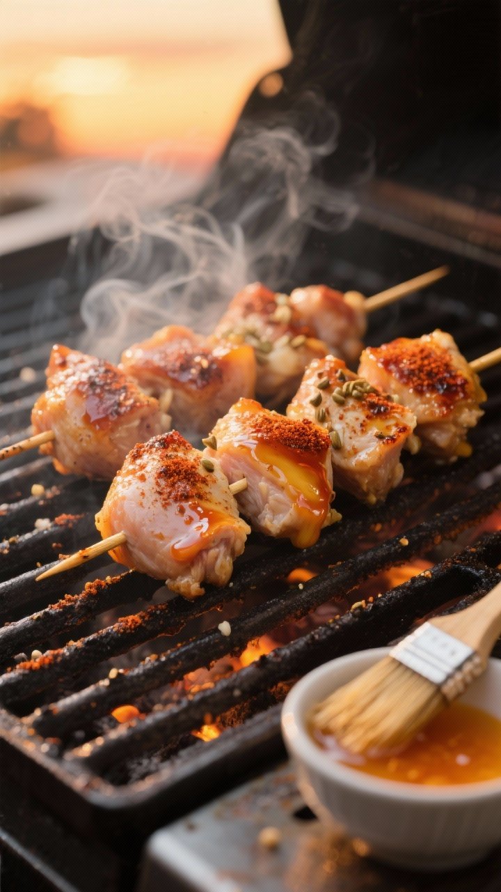 45-degree angle grill scene: skewers of boneless chicken thigh pieces dusted with smoked paprika, cumin, garlic powder, kosher salt, black pepper, brushed with a glossy peach glaze while grilling; caramelized edges and faint smoke wisps, grill marks visible; basting brush and a small bowl of peach glaze in frame, warm sunset backlight for a smoky, dreamy vibe.