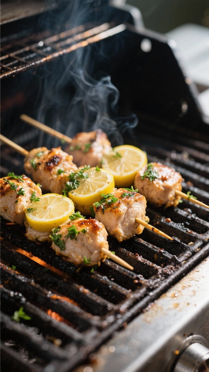 45-degree angle grill-side action shot of Lemon-Herb Chicken Skewers: