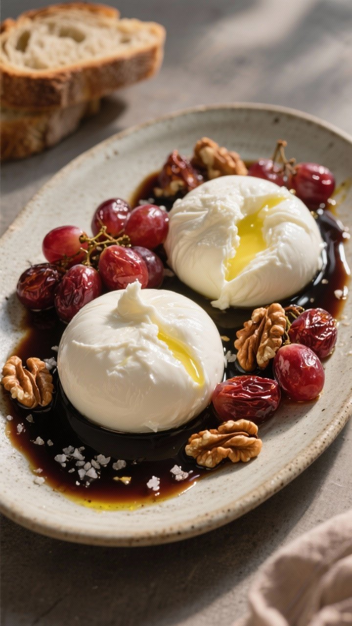 45-degree angle hero shot of a boho burrata platter: two glossy burrata balls nestled among roasted red grapes (wrinkled, burst skins), toasted walnut halves, and a thick balsamic glaze drizzled over; olive oil sheen, pinch of salt flakes on grapes, served on a stoneware oval plate with rustic bread slices in background, dramatic side light to highlight creamy burrata interior.