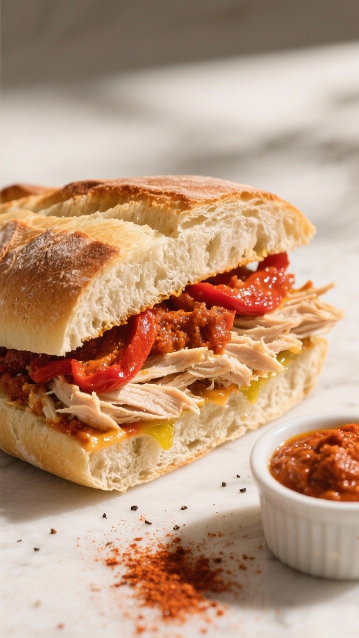 45-degree angle hero shot of a ciabatta loaf sandwich stuffed with smoky paprika chicken and romesco: halved ciabatta with open crumb, generous roasted red pepper romesco spread peeking out, tender shredded chicken dusted with smoked paprika, hints of garlic powder and black pepper, and a light sheen from olive oil; clean slice showing layers; warm, rustic tones with a small ramekin of extra romesco and a sprinkle of paprika nearby; natural daylight to emphasize crust and saucy gloss.