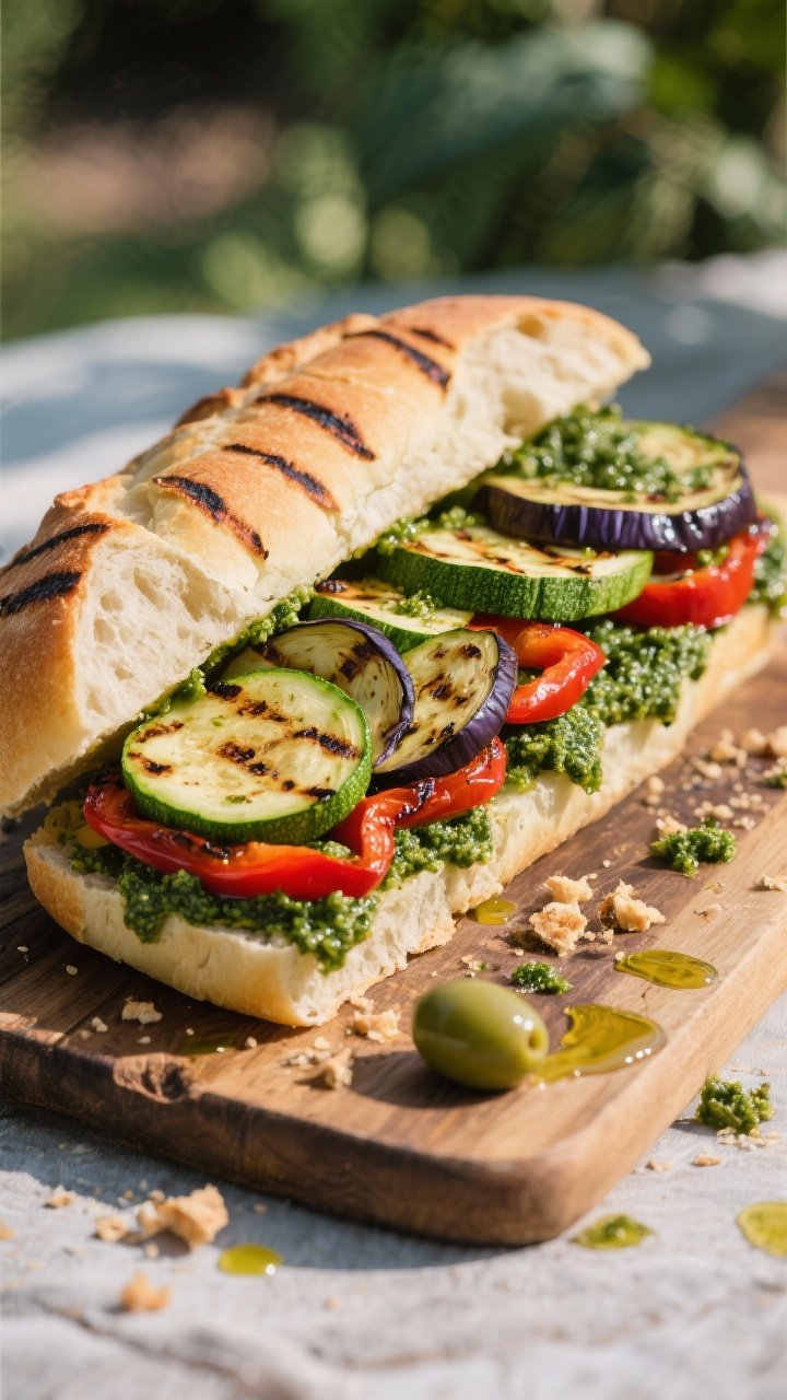 45-degree angle hero shot of a grilled veggie and pesto muffuletta slab on a halved ciabatta loaf: grill-marked eggplant rounds, zucchini planks, and roasted red bell pepper layered thickly with a vivid green pesto; loaf pressed and sliced into rectangles, pesto oozing slightly; crumbs and olive oil drips on a rustic board; bold, colorful, Mediterranean picnic feel.