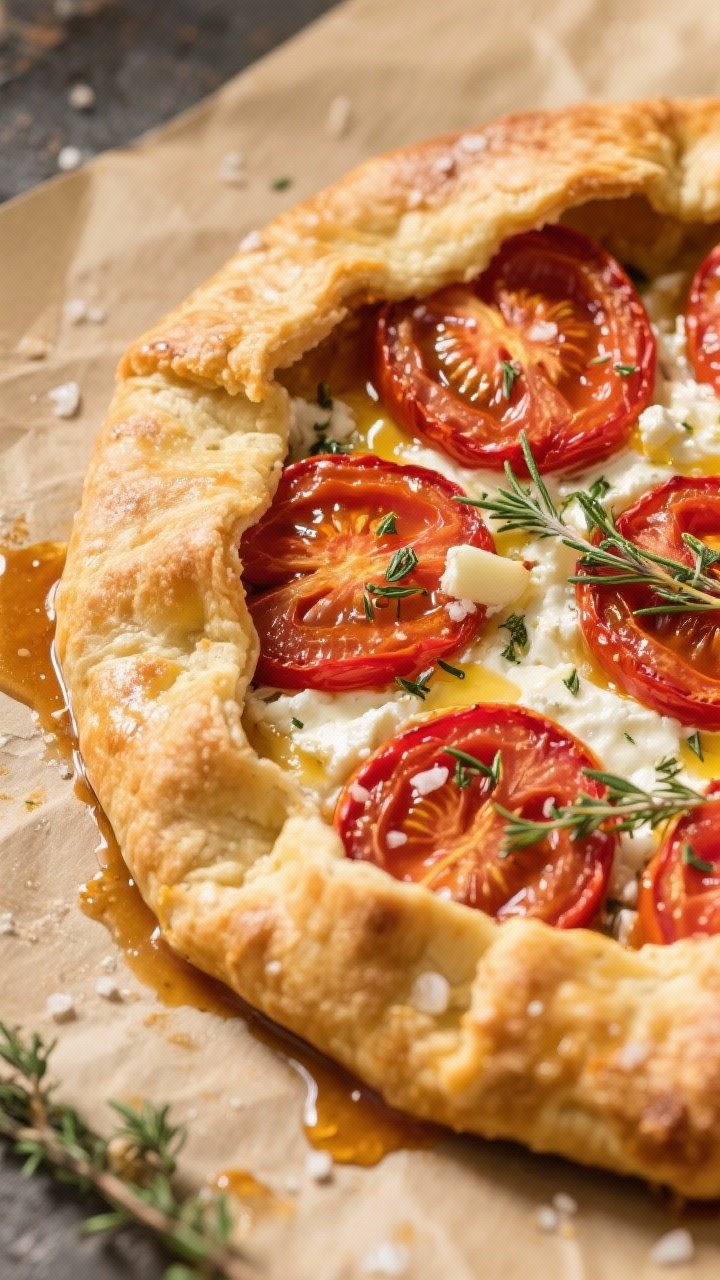 45-degree angle hero shot of a jammy tomato galette: rustic pie dough folded over glossy, slow-roasted tomato slices layered atop herbed goat cheese (goat cheese whipped with cream cheese, olive oil, honey, grated garlic, and chopped fresh thyme); flaky golden edges with coarse salt, thyme leaves sprinkled; set on parchment with escaped tomato juices caramelized at the edges, warm golden light.