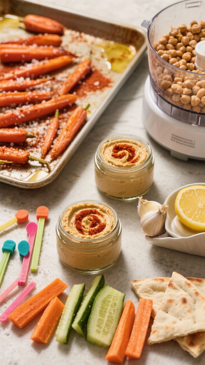 45-degree angle ingredient-to-finish scene for smoky roasted carrot hummus jars: sheet pan with olive oil-tossed carrots dusted in smoked paprika and kosher salt next to a food processor bowl holding chickpeas, tahini, lemon juice, and a garlic clove; finished hummus portioned into small glass jars topped with a paprika swirl, surrounded by colorful dippers (cucumber sticks, pita triangles, and carrot sticks), warm earthy tones.