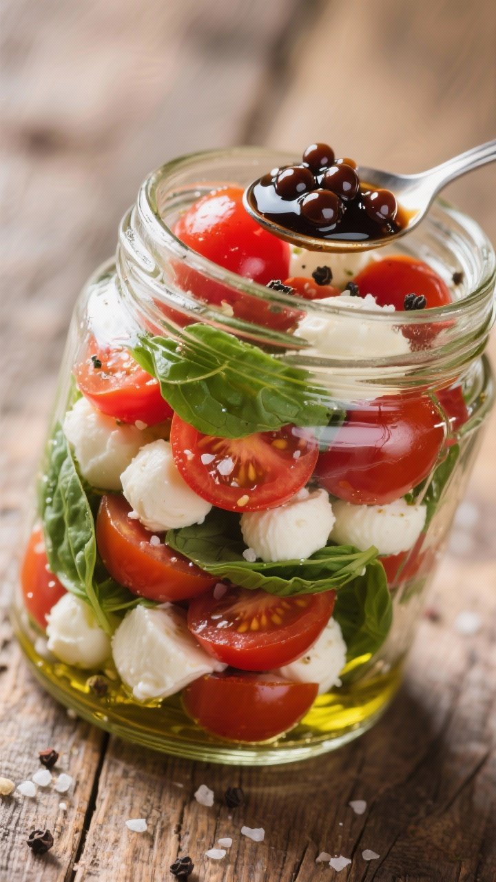 45-degree angle jarred caprese salad: layers of halved cherry tomatoes, mozzarella pearls, and fresh basil leaves in a wide-mouth jar, glistening with extra-virgin olive oil, sea salt, black pepper; small spoonful of glossy balsamic pearls crowning the top; rich reds, greens, and whites pop against a rustic wood surface; appetizing sheen and tight composition.