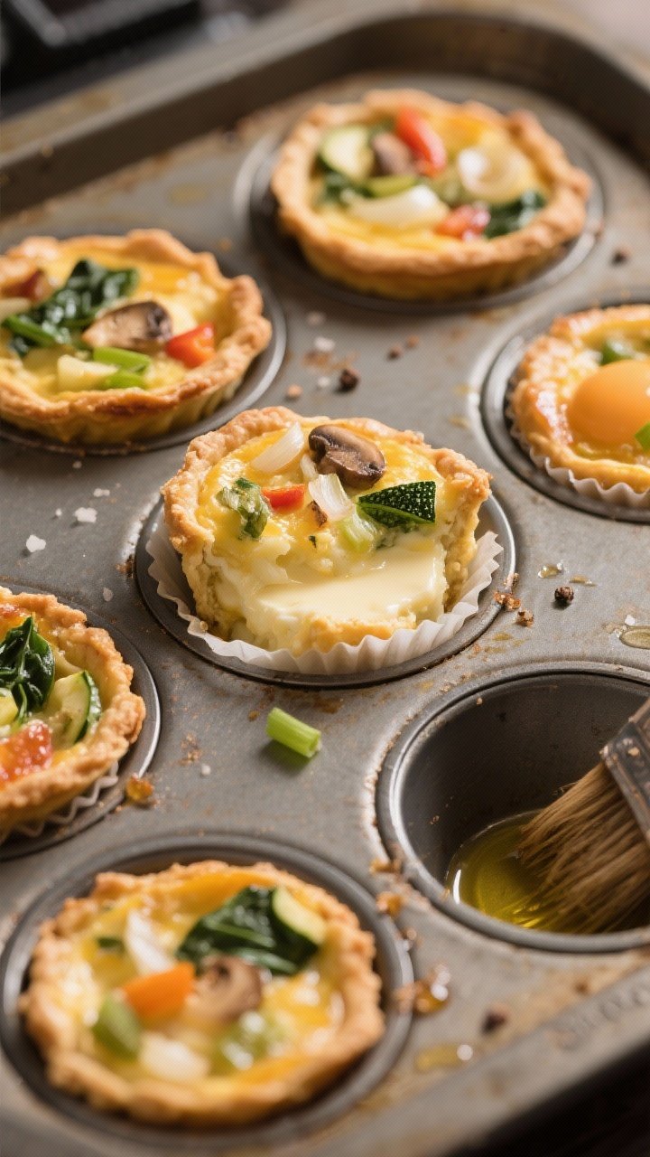 45-degree angle kitchen scene of compostable-crust mini quiches in a muffin tin just out of the oven: golden, puffed tops dotted with sautéed onion or scallions and chopped veggies (spinach, mushrooms, peppers, zucchini), custard made from 6 eggs, milk or plant milk, sea salt, pepper; a brush of olive oil sheen on the tin, one quiche cut open to reveal creamy interior; warm tones, shallow depth of field, parchment or compostable liners featured.