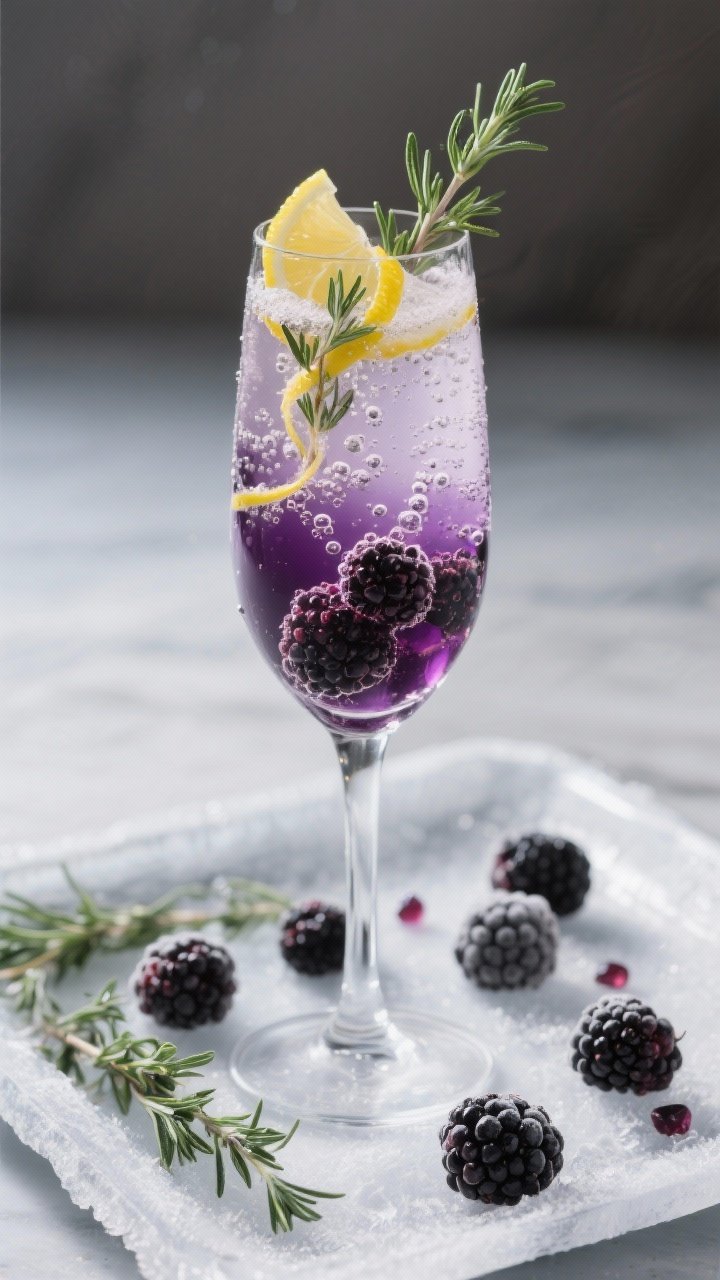 45-degree angle macro close-up of a blackberry thyme sparkler in a flute: deep purple-blackberry syrup at the base feathering up into pale fizz from chilled sparkling water; tiny bubbles racing past suspended thyme sprigs, lemon juice brightness suggested by a thin twist; scattered fresh and frozen blackberry “gems” on a frosty tray, extra thyme sprigs for garnish; crisp, elegant styling.