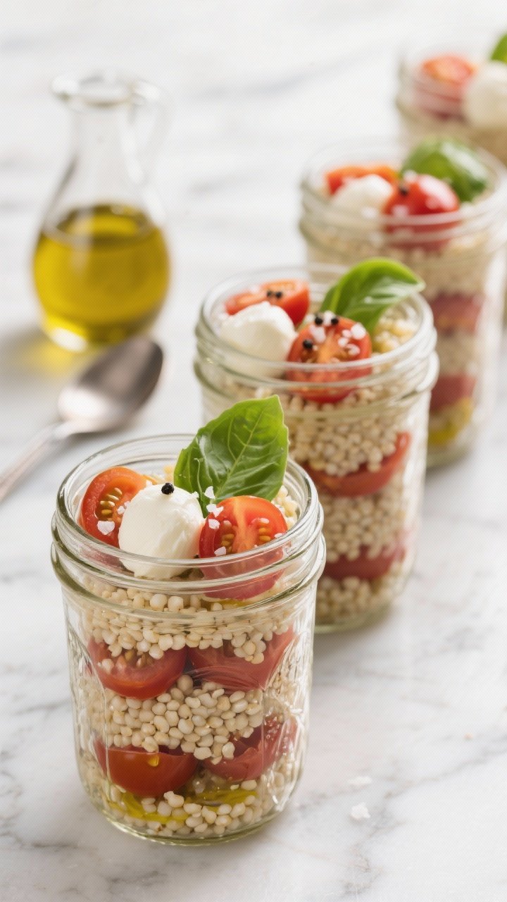 45-degree angle mason jar lineup of make-ahead caprese couscous jars: pearl Israeli couscous pearls glistening with olive oil, layered with halved cherry tomatoes and halved mini mozzarella balls, sprinkled with kosher salt. A touch of black pepper and fresh basil leaves tucked near the top; jars on a marble surface with a small carafe of olive oil and a spoon.