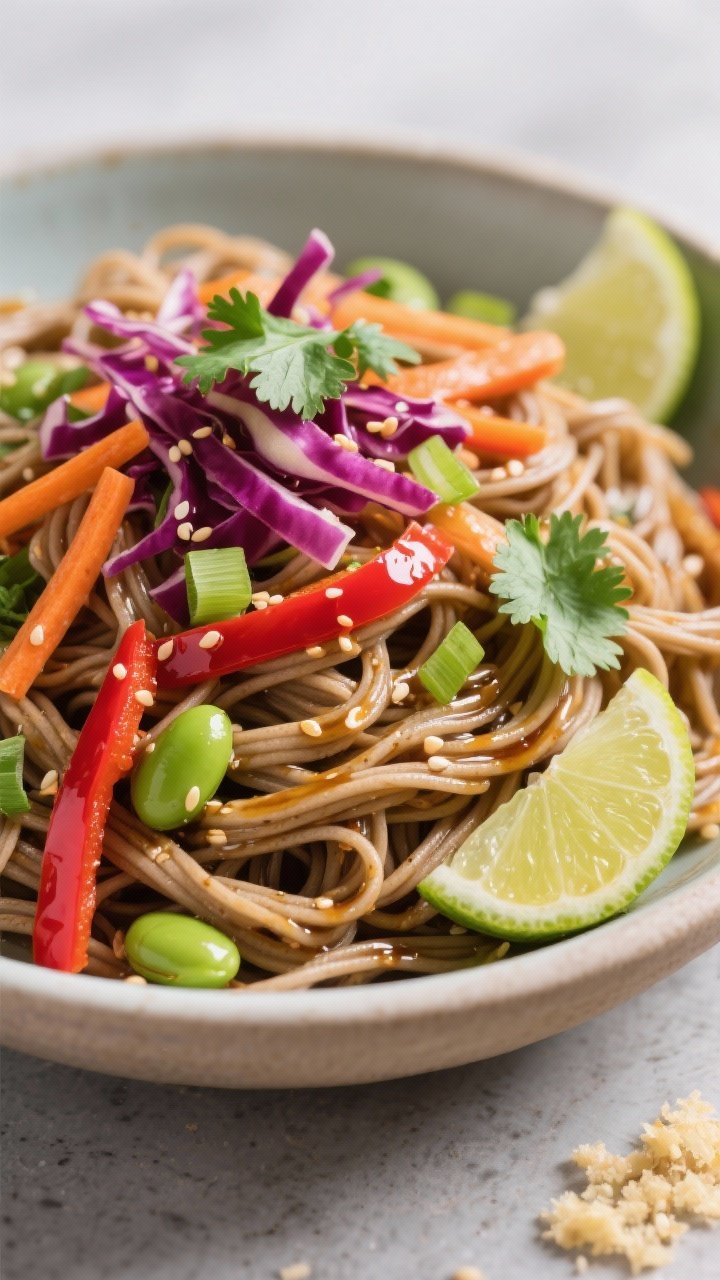 45-degree angle noodle tangle close-up: chilled sesame soba noodles piled in a shallow bowl, topped with shredded red cabbage, julienned carrots, thin red bell pepper strips, sliced green onions, edamame, and cilantro leaves; glossy sesame dressing clinging to strands, lime wedge and grated ginger nearby to suggest ginger-lime zing; crisp, cool vibe with punchy color contrast.