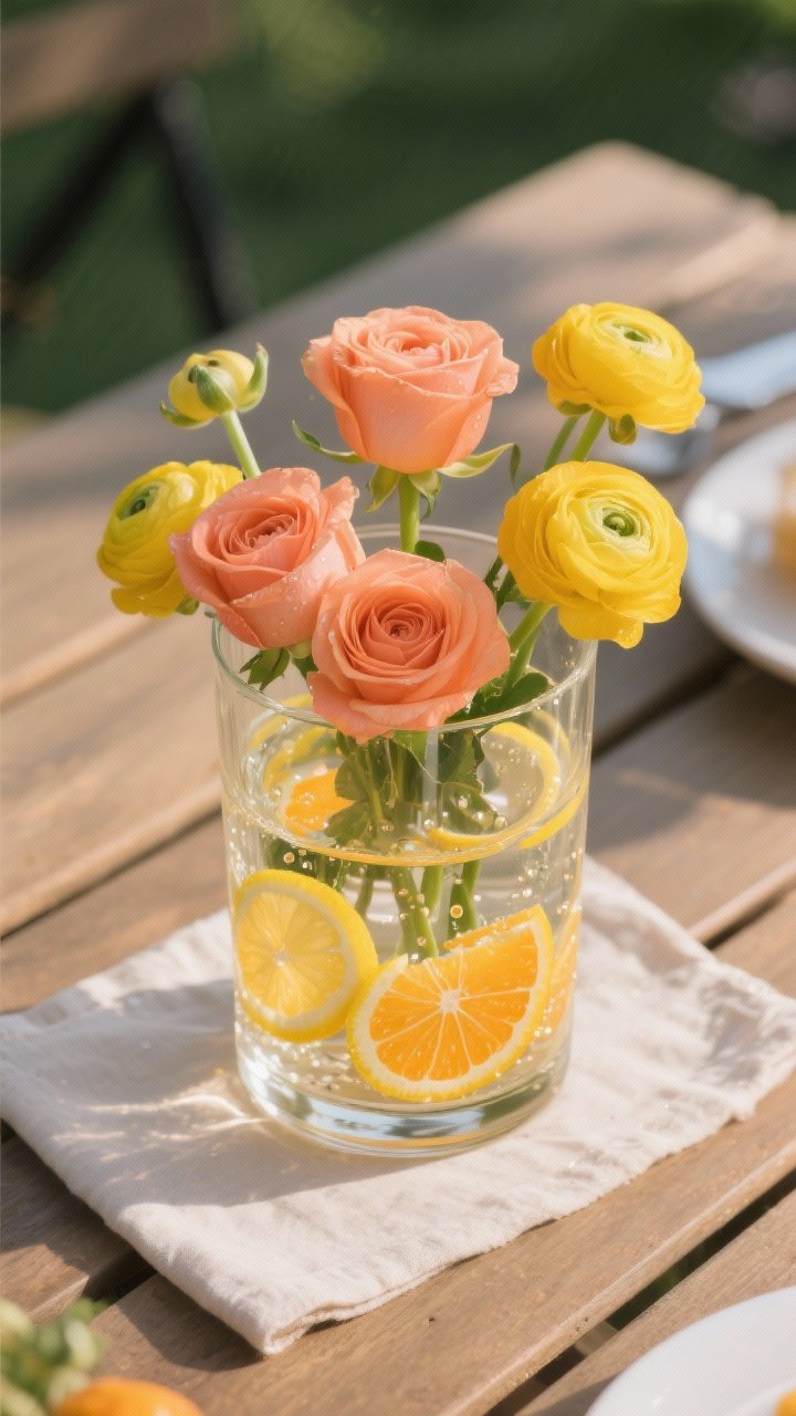 45-degree angle of a “citrus crush” centerpiece: a wide glass tumbler with a slimmer glass nested inside, the outer ring packed with thin lemon and orange slices shimmering in water; inside, 6 peach/coral roses and 5 yellow ranunculus or spray roses rise fresh and dewy, bright picnic palette, clean reflections on glass, styled on a wooden picnic table with a linen napkin, focus on the fragrance-forward citrus and blooms.