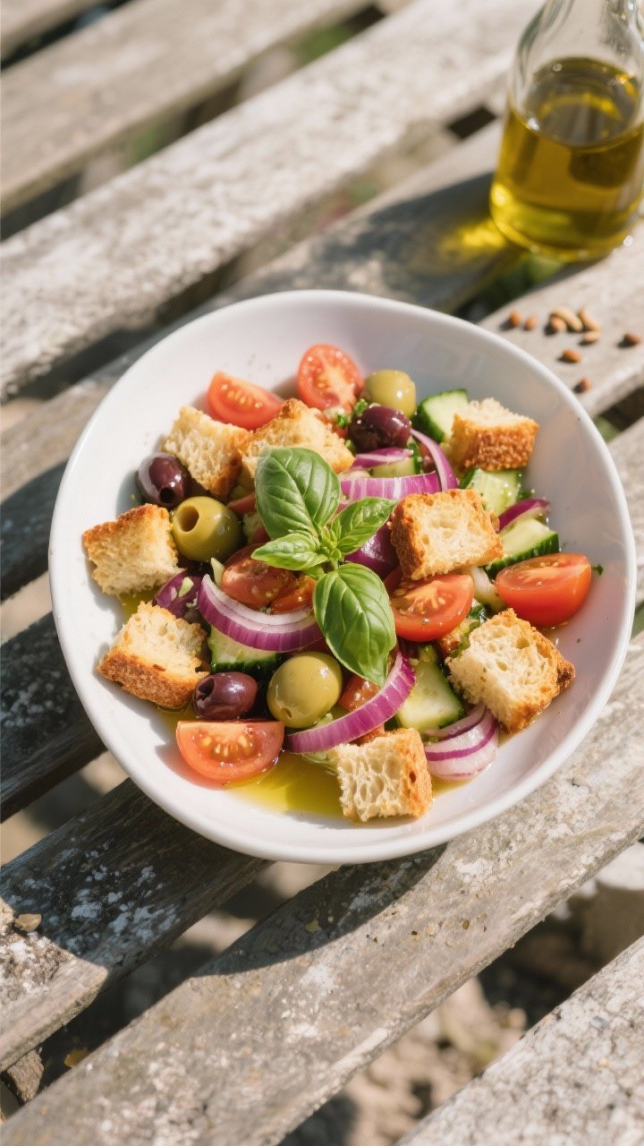 45-degree angle of a crunchy panzanella in a wide white bowl: day-old rustic bread cubes toasted in olive oil, mixed ripe tomatoes in varied colors, thinly sliced red onion, chopped English cucumber, and glossy pitted Castelvetrano olives. Bread looks golden and crisp, tomatoes juicy; drizzle of olive oil visible. Styled with a torn basil sprig, set on a stone picnic table with a bottle of olive oil and scattered tomato seeds.
